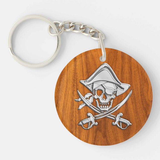 Chrome Silver Pirate on Teak Veneer Decor Key Ring (Front)