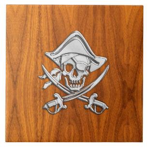 Chrome Silver Pirate on Teak Veneer Decor Tile