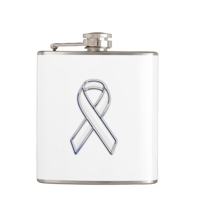 Chrome Silver Print Belted White Ribbon Awareness Hip Flask (Front)