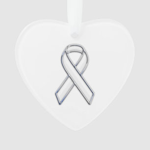 Chrome Silver Print Belted White Ribbon Awareness Ornament