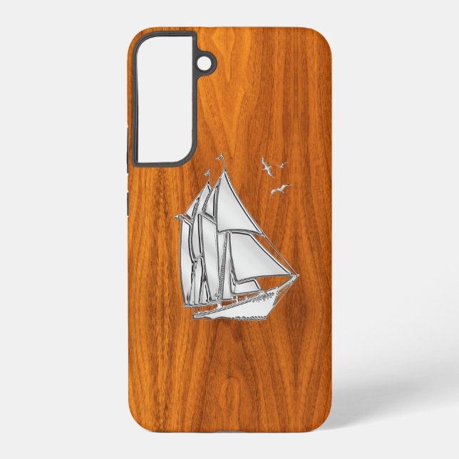 Chrome Silver Sailing on Teak Veneer Decor Samsung Galaxy S22+ Case (Back)