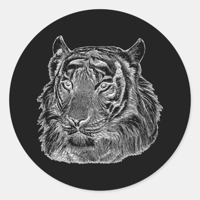 chrome silver tiger face animal nature jungle art classic round sticker (Front)