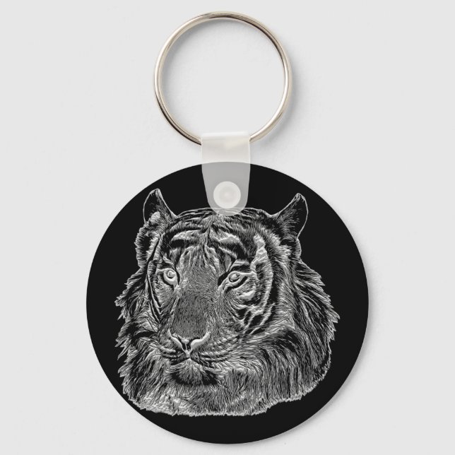 chrome silver tiger face animal nature jungle art  key ring (Front)