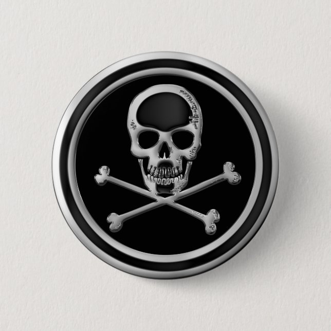 CHROME SKULL AND CROSSBONES 6 CM ROUND BADGE (Front)