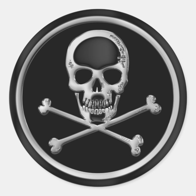 CHROME SKULL AND CROSSBONES CLASSIC ROUND STICKER (Front)