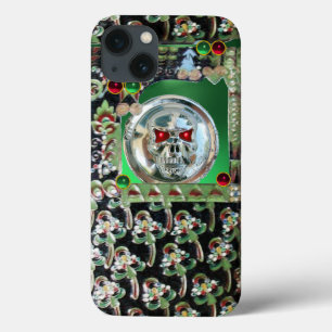 CHROME SKULL , BLACK GREEN RED JADE GEM STONES iPhone 13 CASE