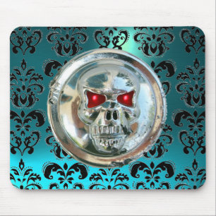 CHROME SKULL ,Damask, Blue Aquamarine Mouse Pad