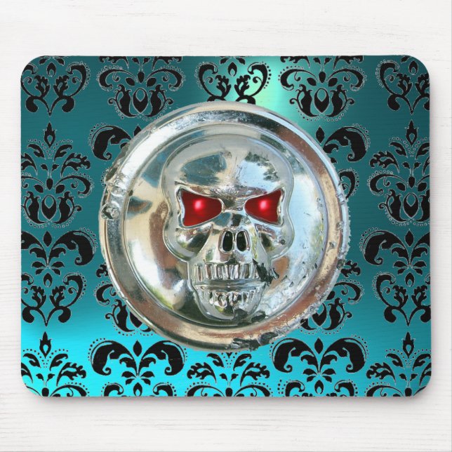 CHROME SKULL ,Damask, Blue Aquamarine Mouse Pad (Front)