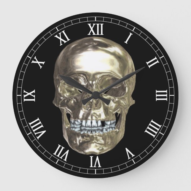 Chrome Skull Round Roman Numerals Clock (Front)