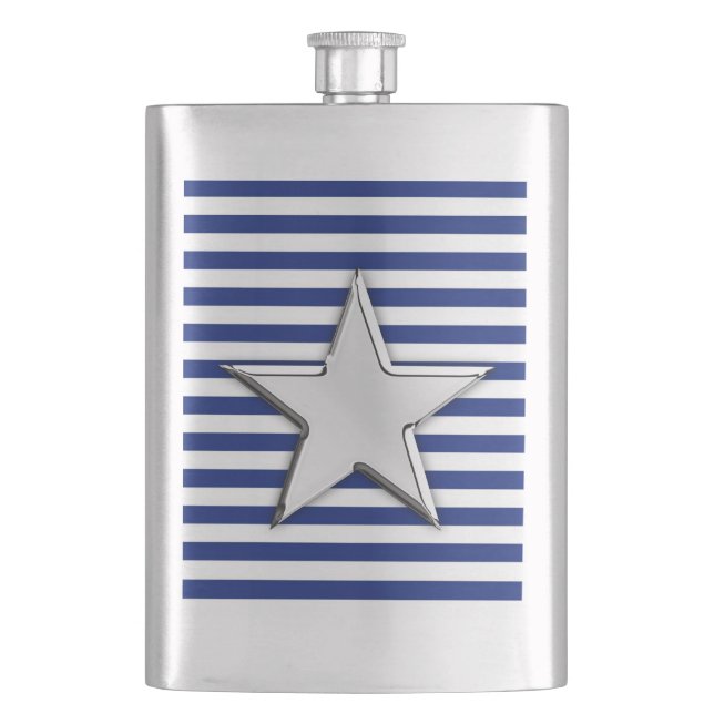 Chrome Star Nautical on Navy Stripes Print Hip Flask (Front)