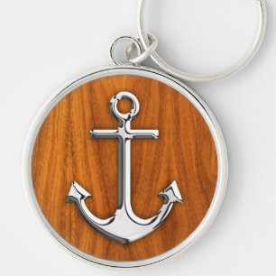Chrome Style Anchor on Teak Veneer Key Ring