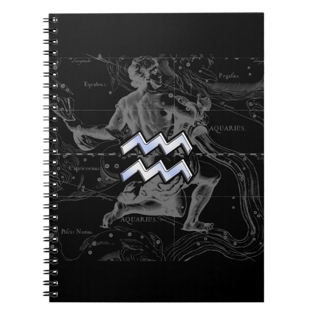 Chrome Style Aquarius Zodiac Symbol on Hevelius Notebook (Front)