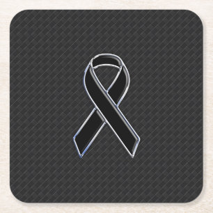 Chrome Style Black Ribbon Awareness Decor Square Paper Coaster