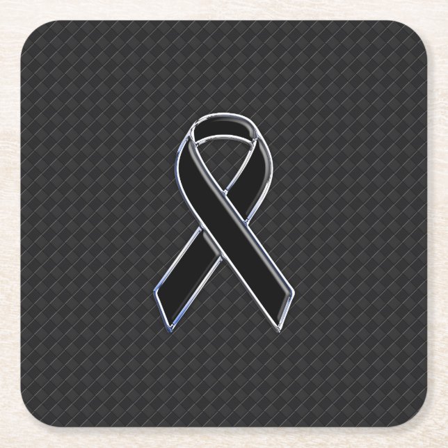 Chrome Style Black Ribbon Awareness Decor Square Paper Coaster (Front)