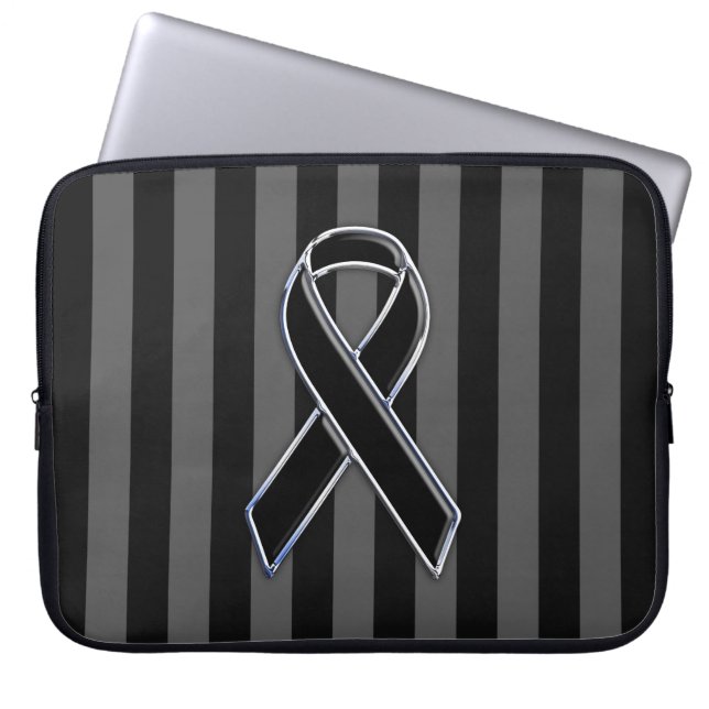 Chrome Style Black Ribbon Awareness Laptop Sleeve (Front)