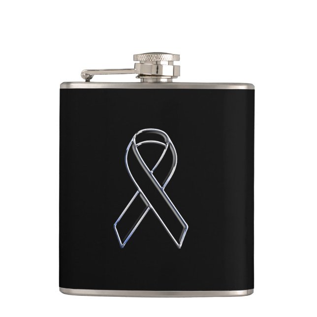 Chrome Style Black Ribbon Awareness on Black Hip Flask (Front)