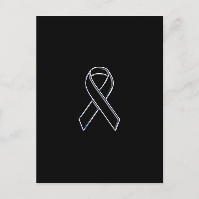 Chrome Style Black Ribbon Awareness on Black Postcard (Front)