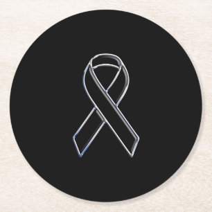 Chrome Style Black Ribbon Awareness on Black Round Paper Coaster