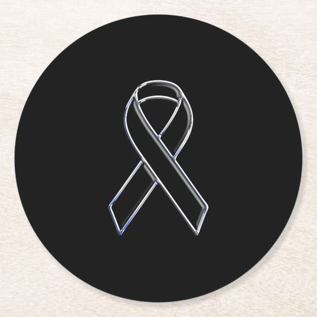 Chrome Style Black Ribbon Awareness on Black Round Paper Coaster (Front)