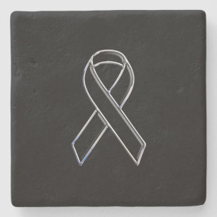 Chrome Style Black Ribbon Awareness on Black Stone Coaster