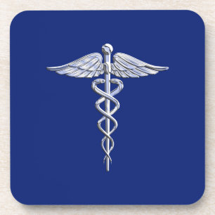 Chrome Style Caduceus Medical Symbol on Navy Blue Coaster
