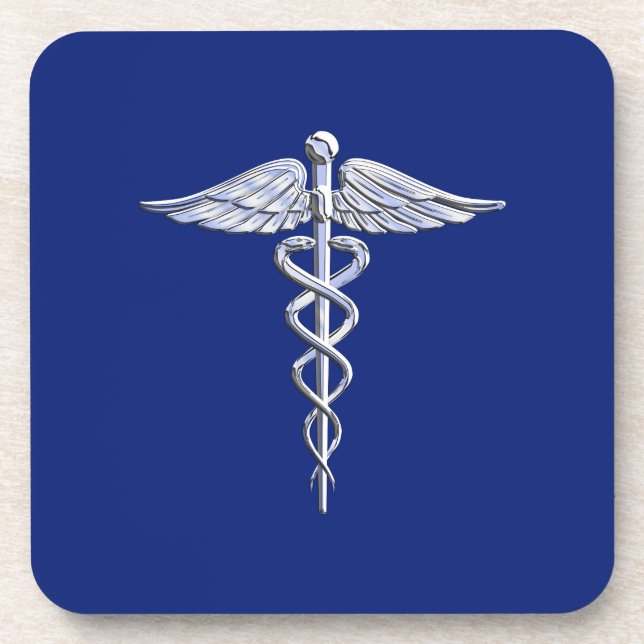 Chrome Style Caduceus Medical Symbol on Navy Blue Coaster (Front)