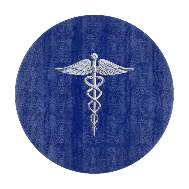 Chrome Style Caduceus Medical Symbol on Navy Blue Cutting Board (Front)