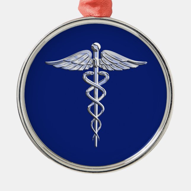 Chrome Style Caduceus Medical Symbol on Navy Blue Metal Ornament (Front)