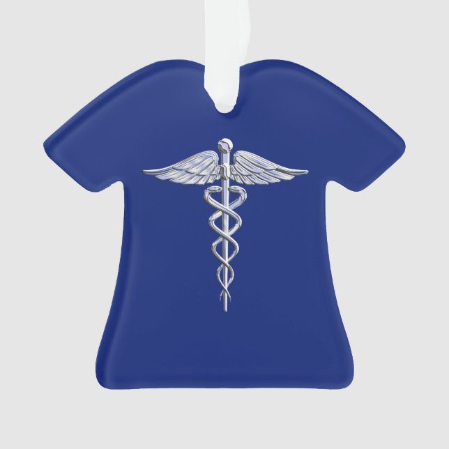 Chrome Style Caduceus Medical Symbol on Navy Blue Ornament (Front)