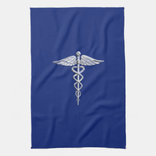 Chrome Style Caduceus Medical Symbol on Navy Blue Tea Towel