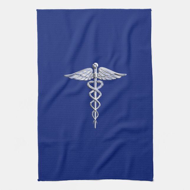 Chrome Style Caduceus Medical Symbol on Navy Blue Tea Towel (Vertical)