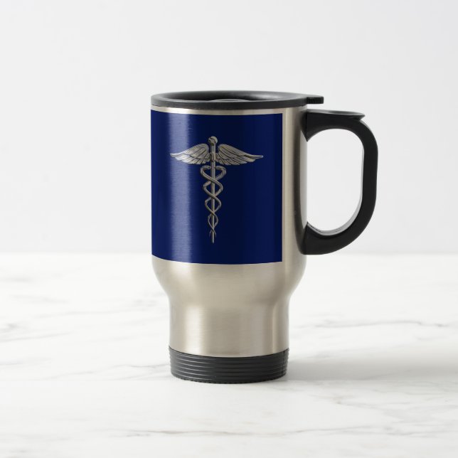Chrome Style Caduceus Medical Symbol on Navy Blue Travel Mug (Right)