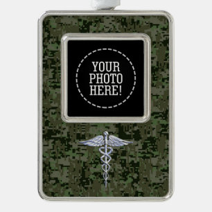 Chrome Style Caduceus Symbol on Green Camouflage Silver Plated Framed Ornament