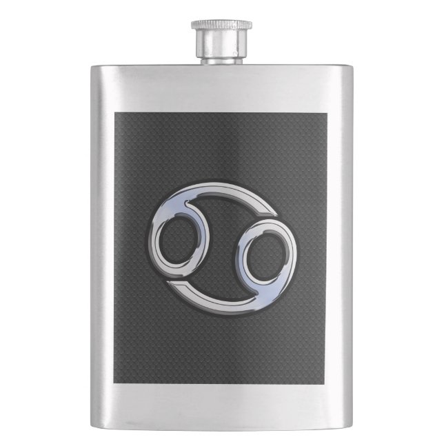 Chrome Style Cancer Zodiac Symbol Hip Flask (Front)