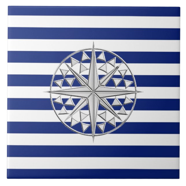 Chrome Style Compass on Nautical Stripes Ceramic Tile (Front)