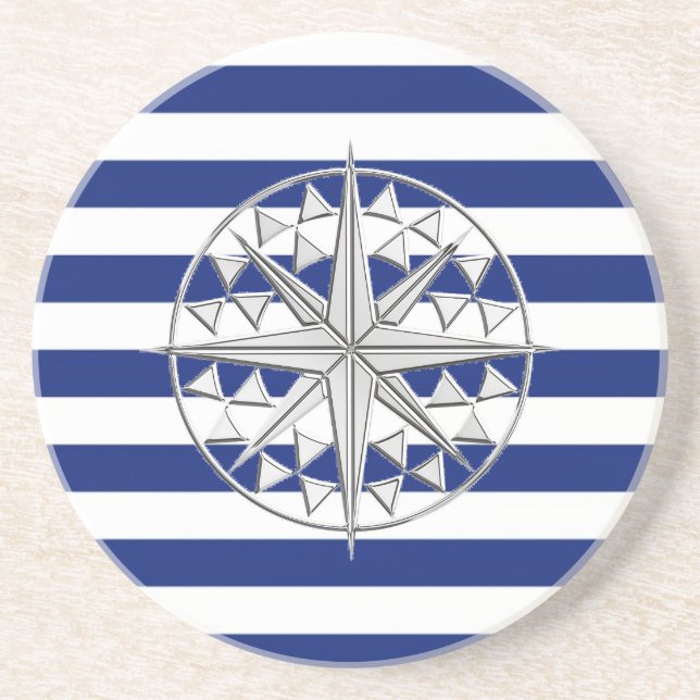 Chrome Style Compass on Nautical Stripes Coaster (Front)