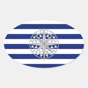 Chrome Style Compass on Nautical Stripes Oval Sticker