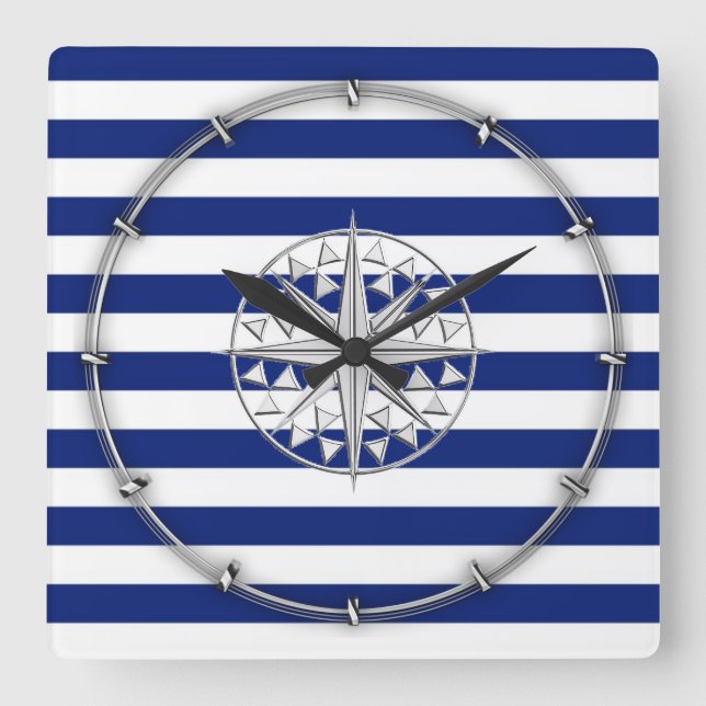 Chrome Style Compass on Nautical Stripes Square Wall Clock (Front)