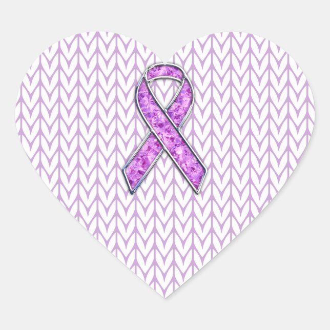 Chrome Style Crystal Pink Ribbon Awareness Knit Heart Sticker (Front)