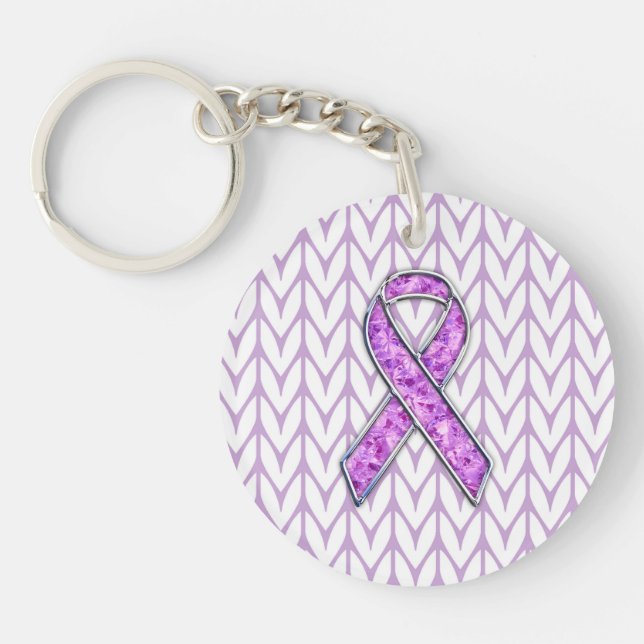 Chrome Style Crystal Pink Ribbon Awareness Knit Key Ring (Front)