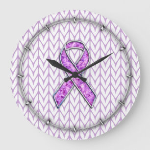 Chrome Style Crystal Pink Ribbon Awareness Knit Large Clock