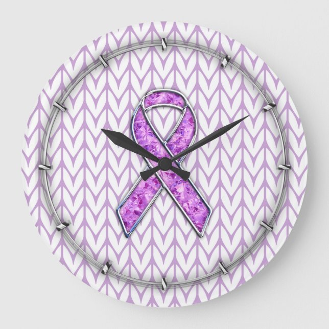 Chrome Style Crystal Pink Ribbon Awareness Knit Large Clock (Front)