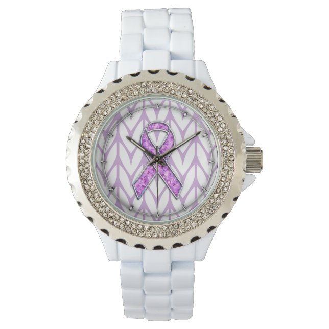 Chrome Style Crystal Pink Ribbon Awareness Knit Watch (Front)