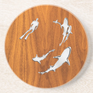 Chrome Style Diver with Sharks on Teak Veneer Coaster
