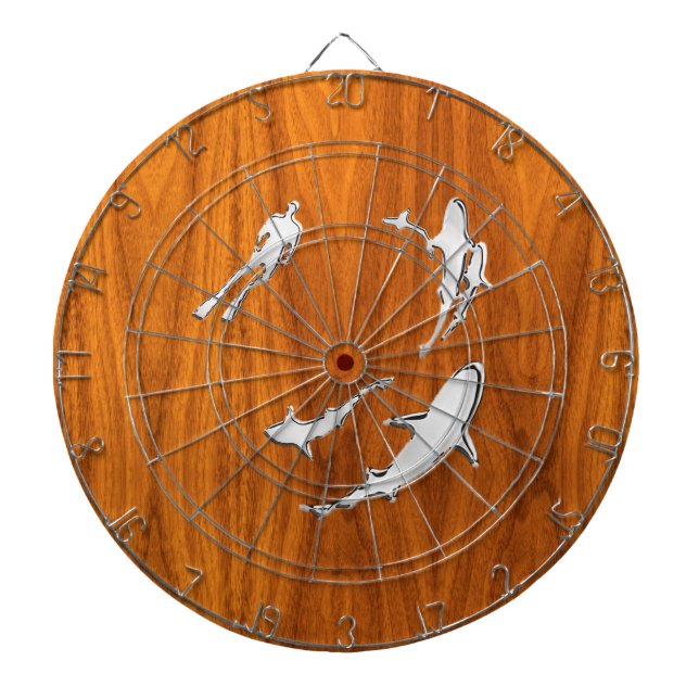 Chrome Style Diver with Sharks on Teak Veneer Dartboard (Front)