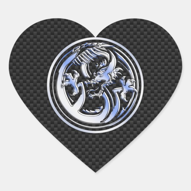 Chrome style Dragon badge on Carbon Fibre Print Heart Sticker (Front)