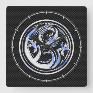 Chrome style Dragon badge on Carbon Fibre Print Square Wall Clock