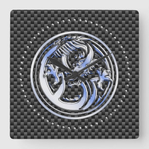 Chrome style Dragon badge on Carbon Fibre Print Square Wall Clock