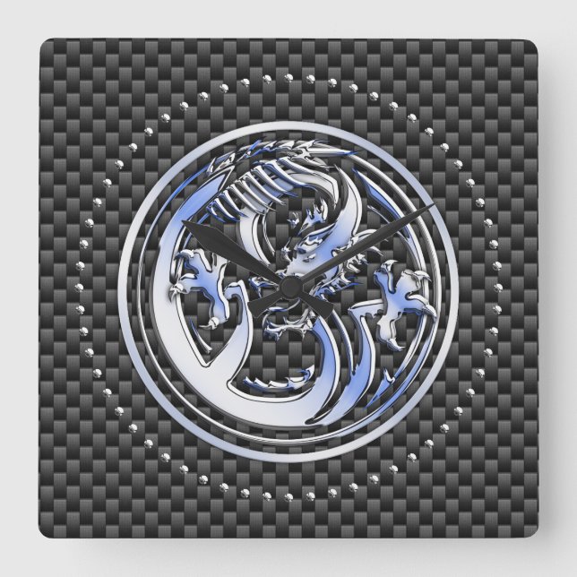 Chrome style Dragon badge on Carbon Fibre Print Square Wall Clock (Front)