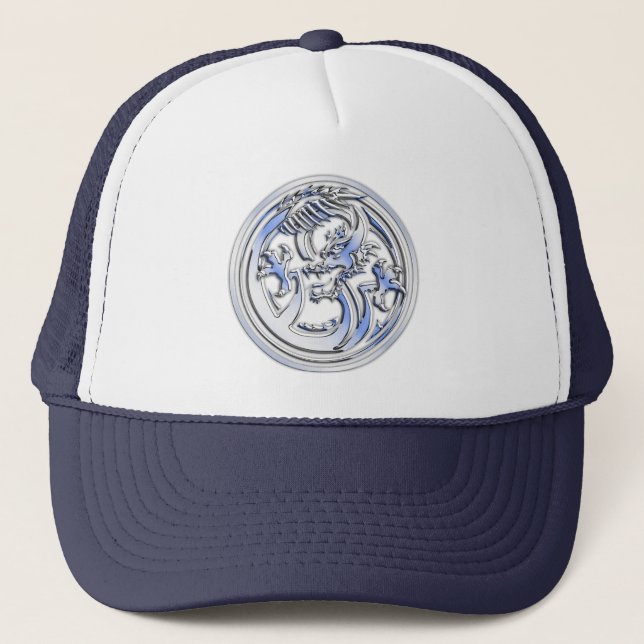 Chrome style Dragon badge on Carbon Fibre Print Trucker Hat (Front)
